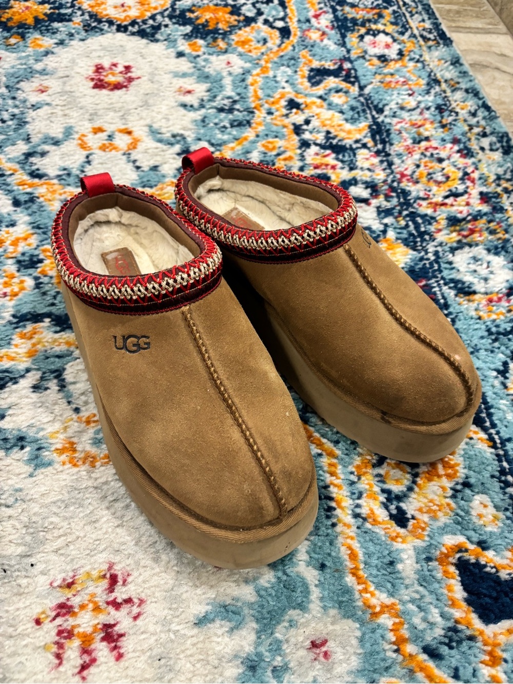 UGG Tasman Platform Chestnut Suede Slip-On Clog with Red Trim